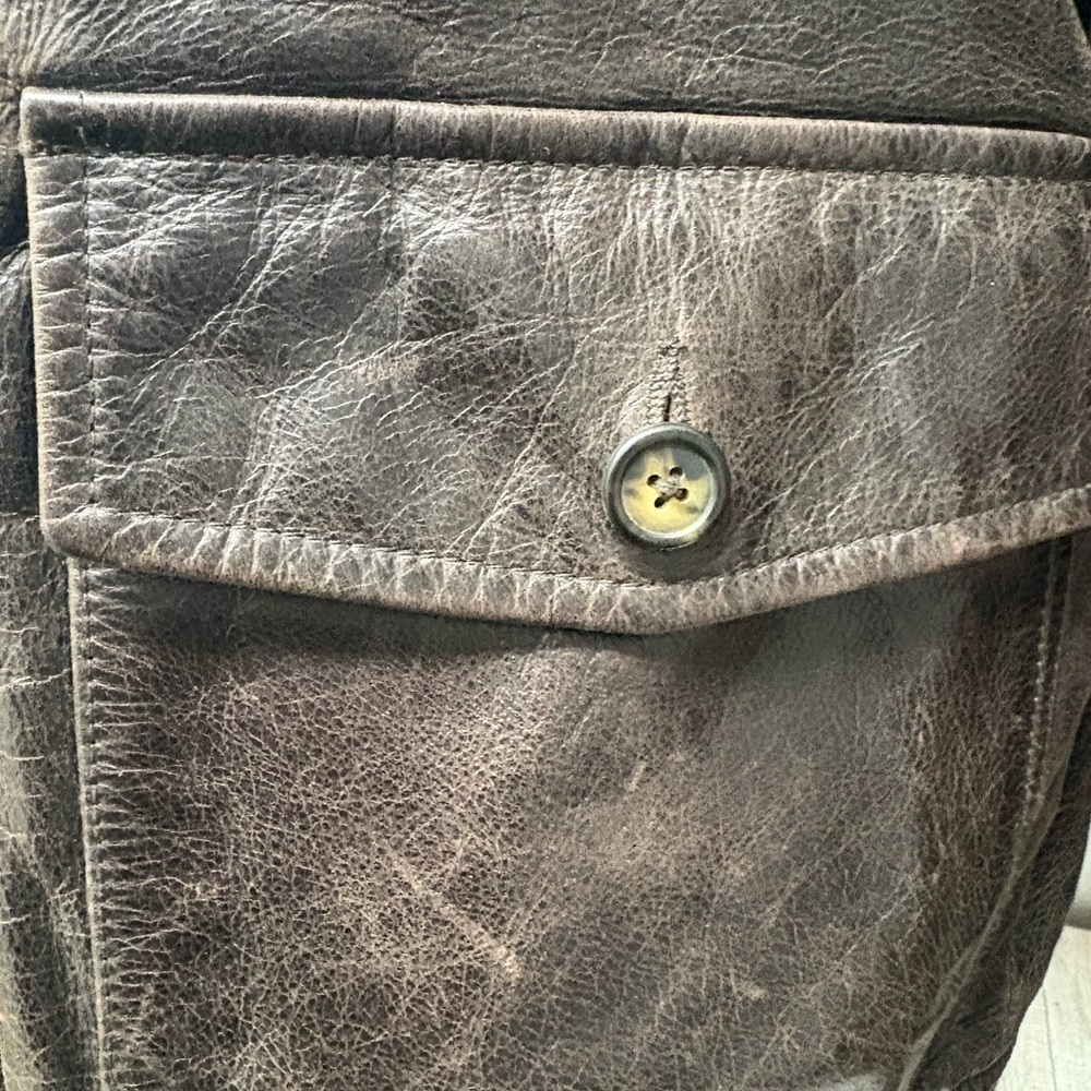 Vintage Structure Men's Brown Leather Bomber Jacket with Black Collar - Picture 3 of 8